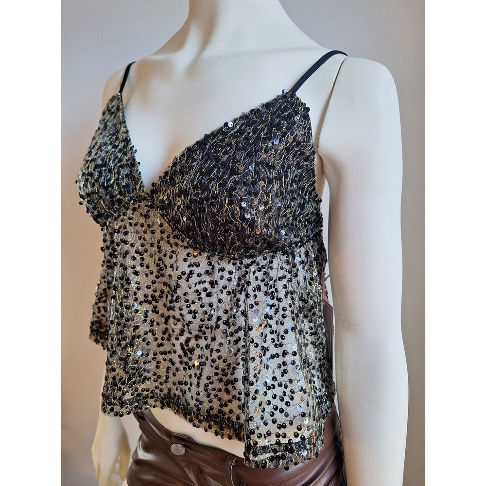 Sugarkiss Womens XL Black Gold Sequin Metallic Mesh Babydoll Camisole Crop‎ Top - Picture 3 of 6